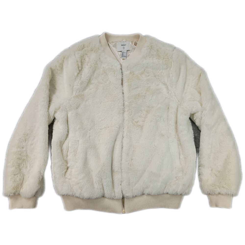 Forever 21 Women's Size Large Faux Fur Bomber Jacket Cream Soft Cozy